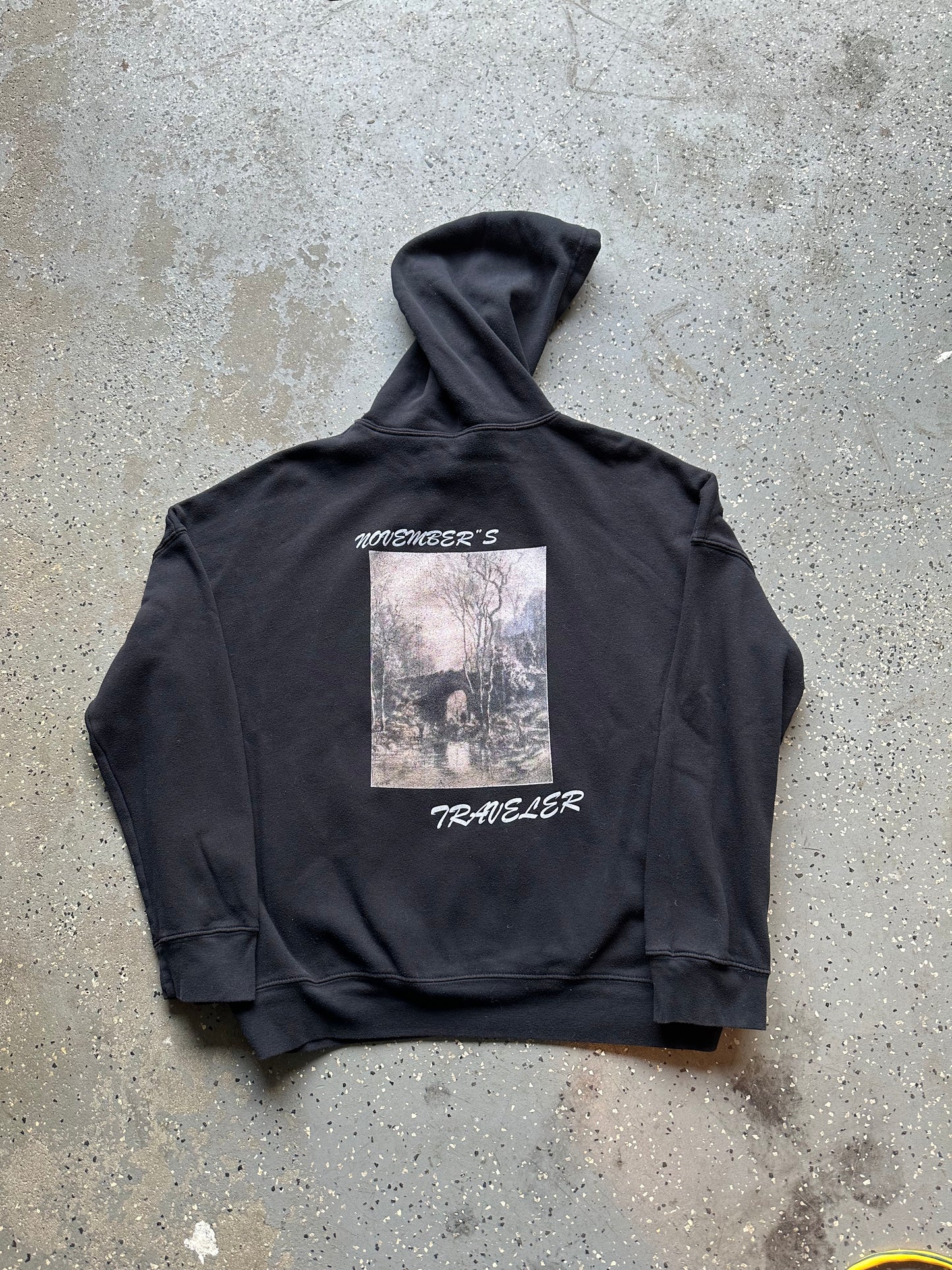 black hoodie, full back product image, painting graphic 