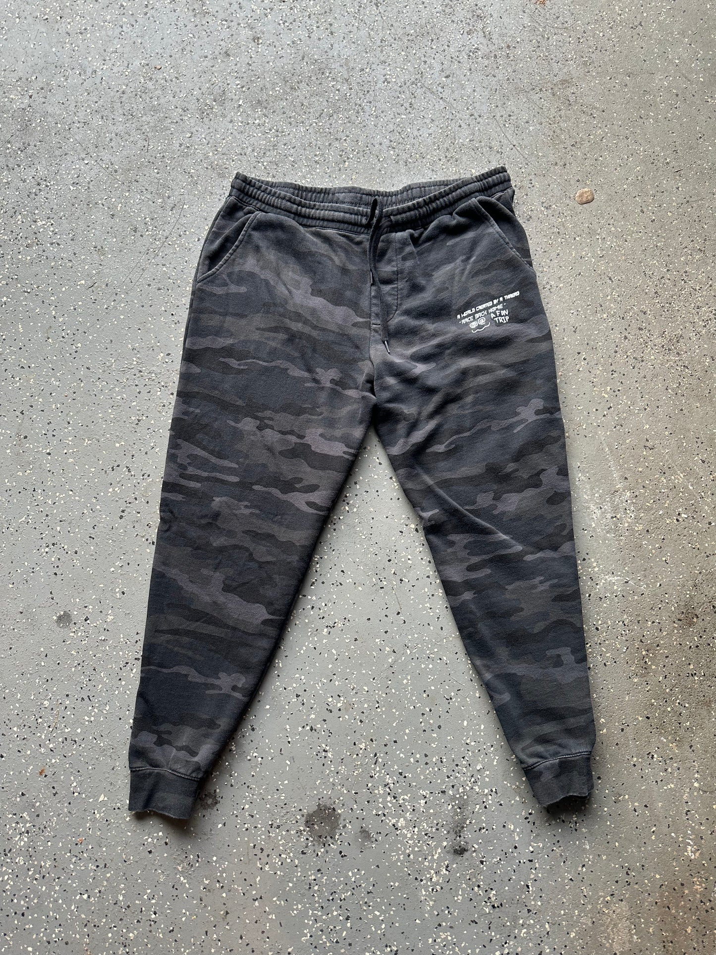 Black camo sweatpants bottoms, full product image